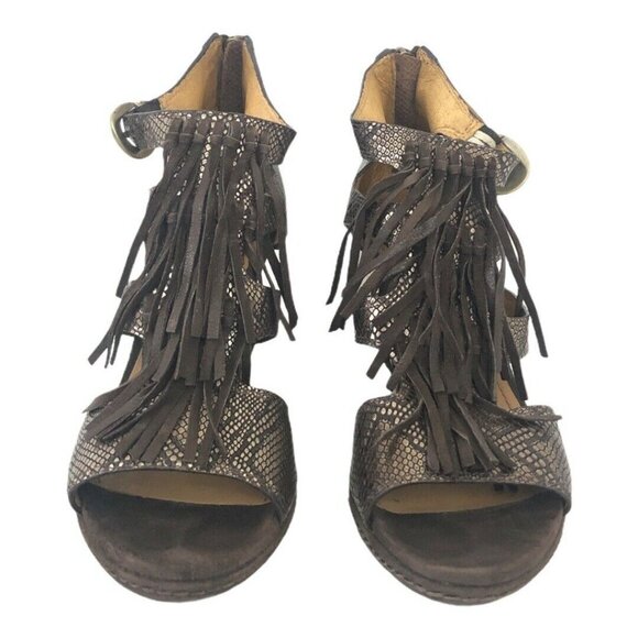 Trask Felicity Snake Print Fringe Wedge Sandals - Picture 2 of 6